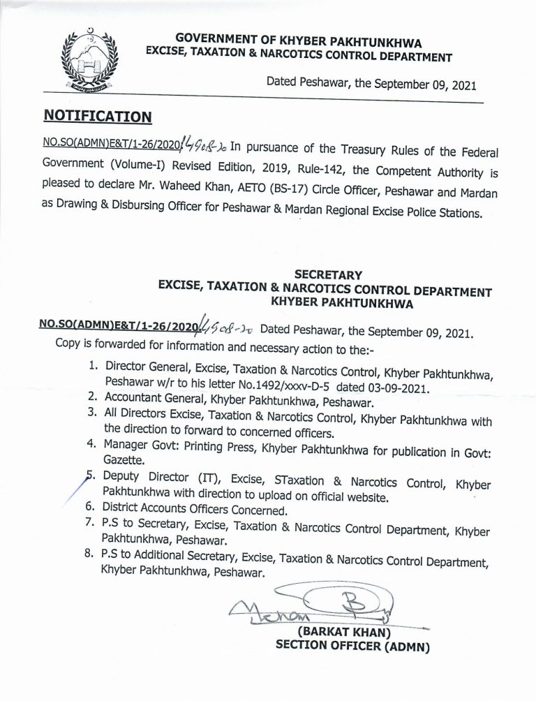 Notification of DDO for Peshawar and Mardan Region (EPS)