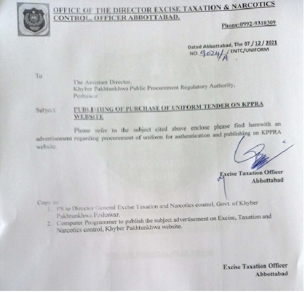 Tender Notice For Purchase of Uniform For Excise Taxation & Narcotics Control Office Abbotabad