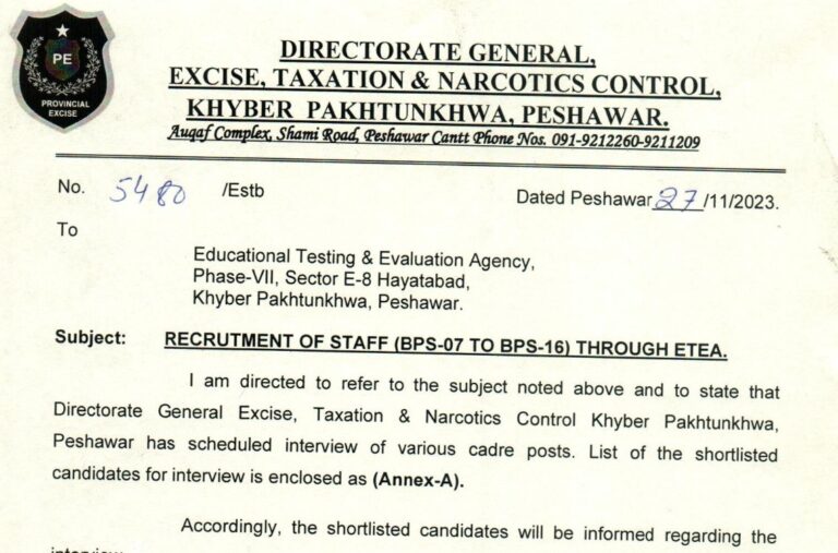 Interview Lists and Schedule(Recruitment of Staff (BPS-07 to BPS-16) through ETEA